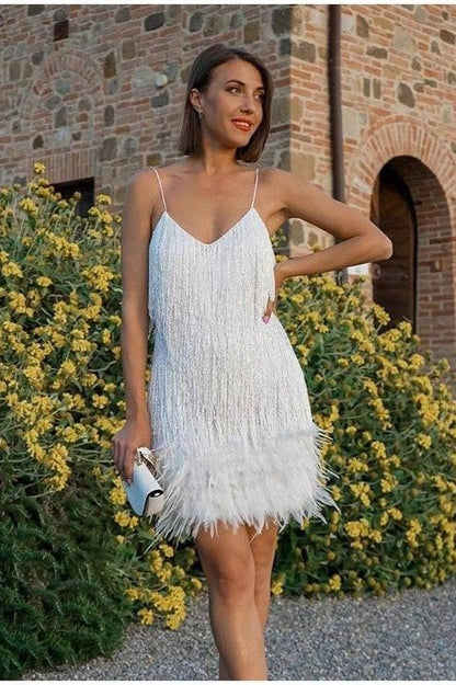 Chic Tassel Sequin Feather Patchwork Cami Sequin Dress