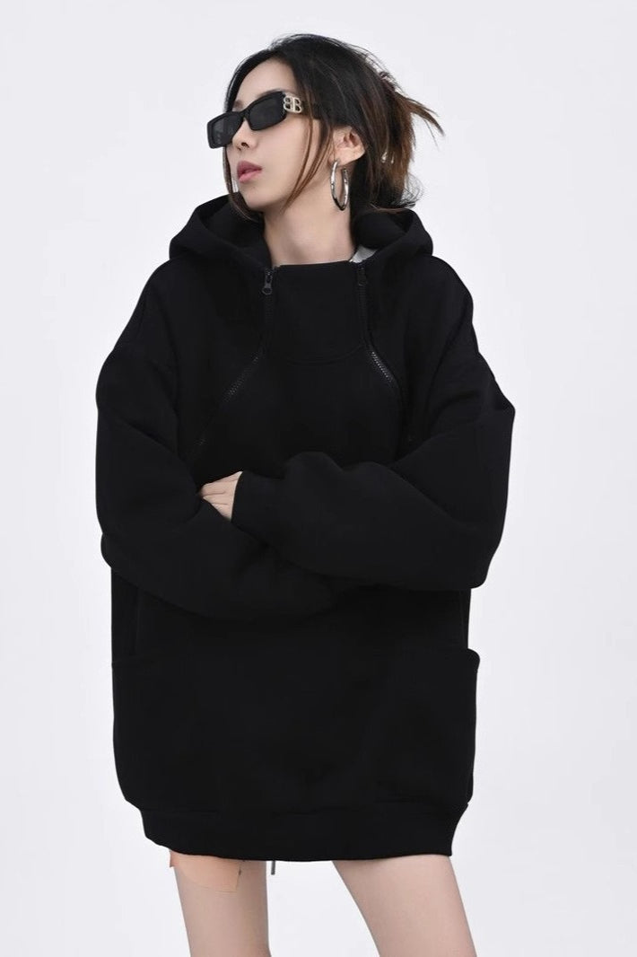 Oversized Hooded Sweatshirt with Side Zipper Hoodie