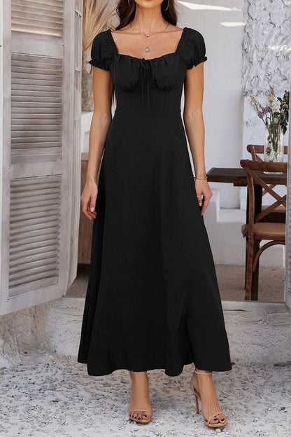 Ruched Puff Sleeve Maxi Work Dress