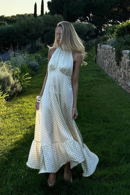 French Style Polka Dot Satin Backless Silk Dress