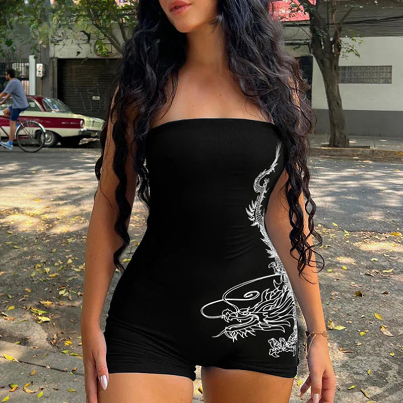 Dragon Print Strapless Gothic Romper