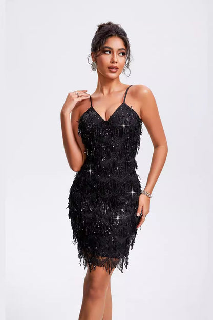 Tassel Sleeveless Party Rhinestone Sequin Dress