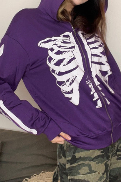 Street Style Skeleton Print Zipper Hoodie