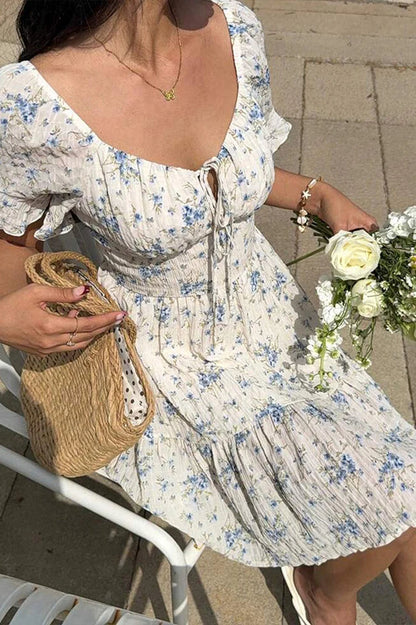 Lace-Up V-Neck Backless Floral Dress