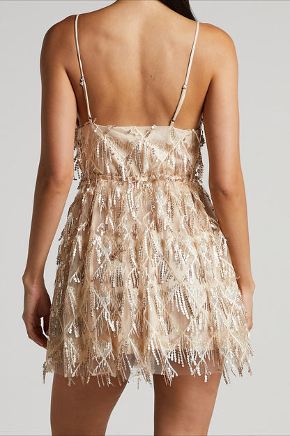 Elegant V Neck Sequin Spaghetti Strap Mini Formal Sequin Dress