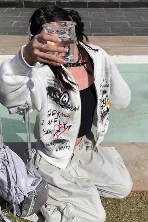 Gray Graffiti Hooded Zip-Up Cropped Hoodie