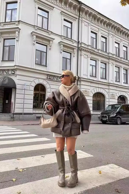 Tie Waist Padded Faux Leather Coat