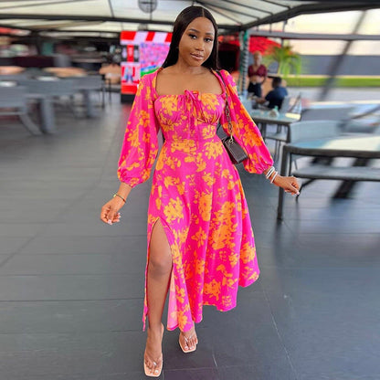 Floral Full Sleeve Strapless Midi Dress