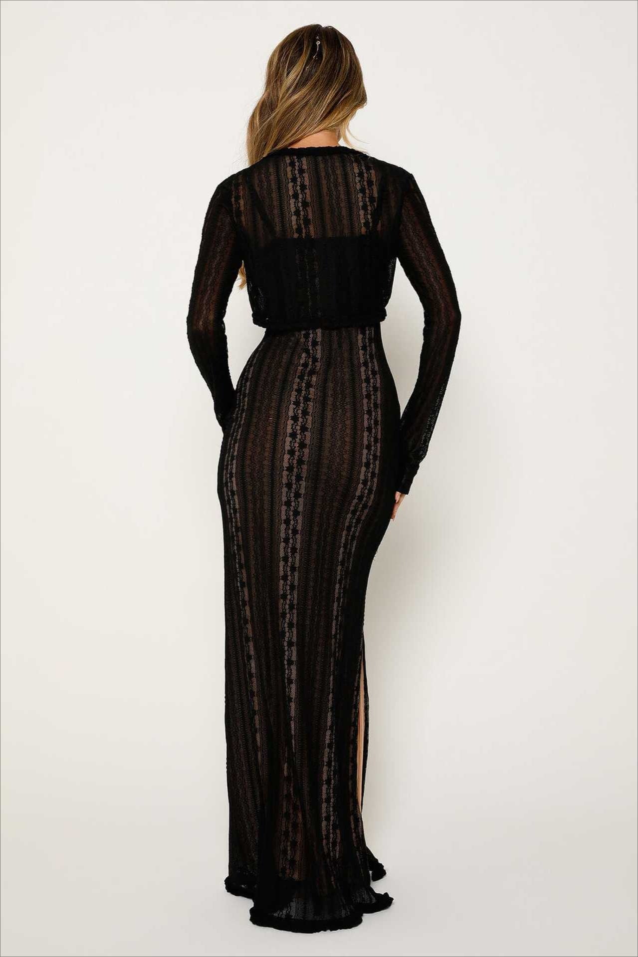 Sexy V Neck Long Sleeve Split Lace Dress