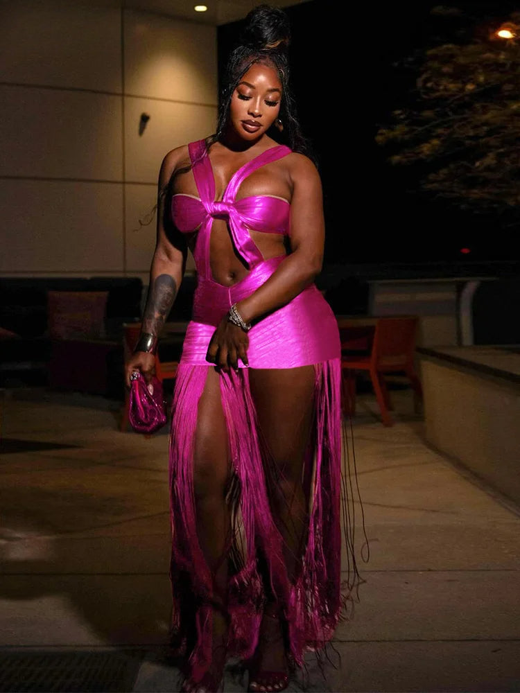 Glossy Pleated Tassel Mini Party Dress