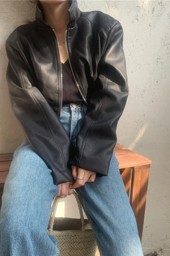 French Design Zipper Crop Leather Jacket