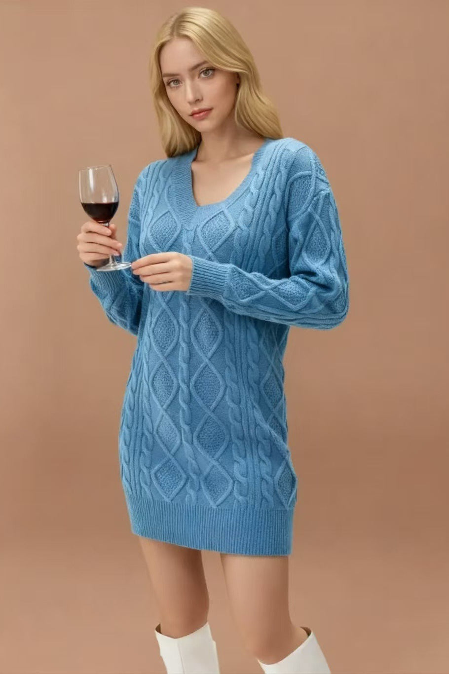 V Neck Cable Knit Work Dress