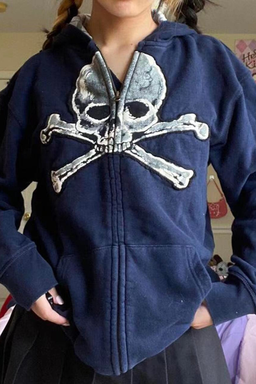 Skull Print Zip Up Hoodie
