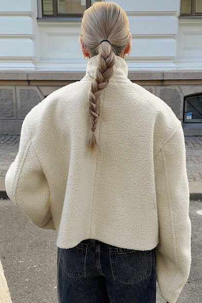 Faux Shearling Stand Collar Cropped Coat