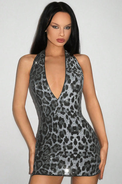 Sleeveless Halter Leopard Beaded Sexy Sequin Dress