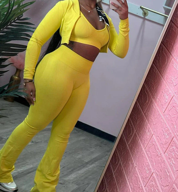 Crop Jacket Flared Two Piece Pants Set