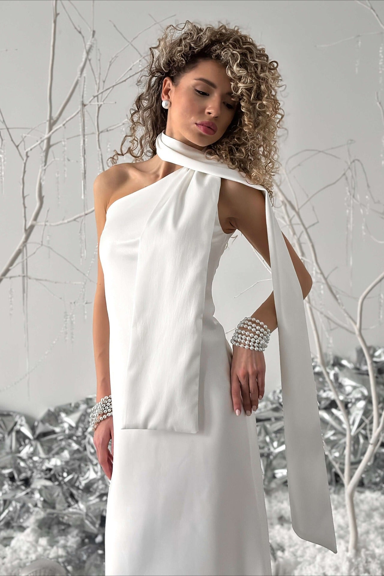 One Shoulder Fitted Silk Dress