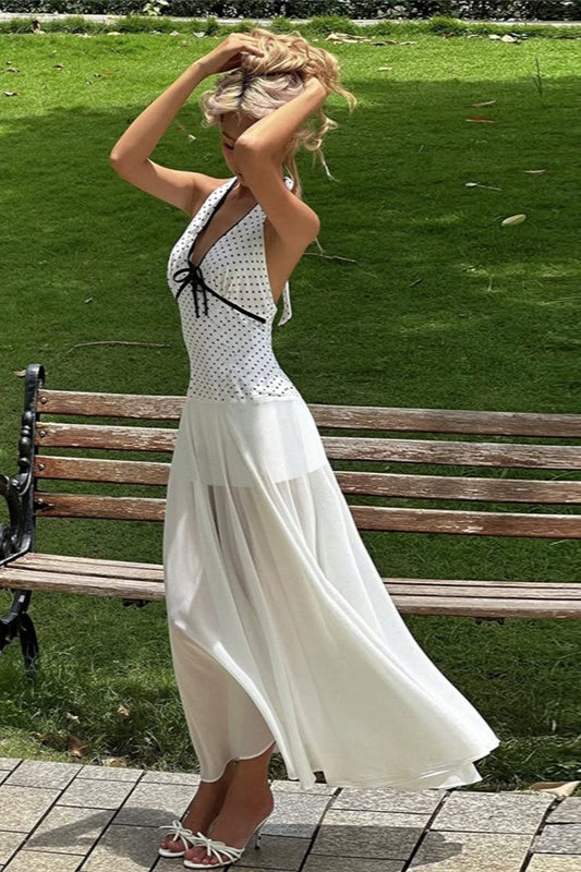 Floral Print Polka Dot Backless Tie Maxi Dress