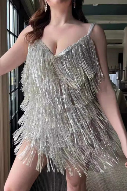 Sexy Sleeveless Bodycon Cami Sequin Glitter Fringe Sequin Dress