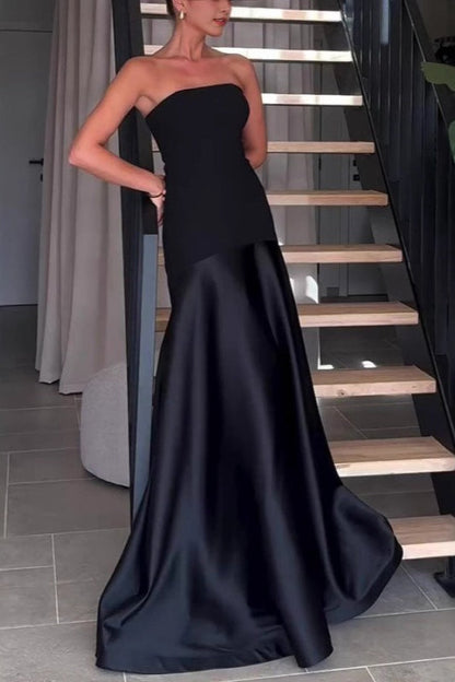 Sexy Strapless Satin Sleeveless Paneled Solid Formal Dress