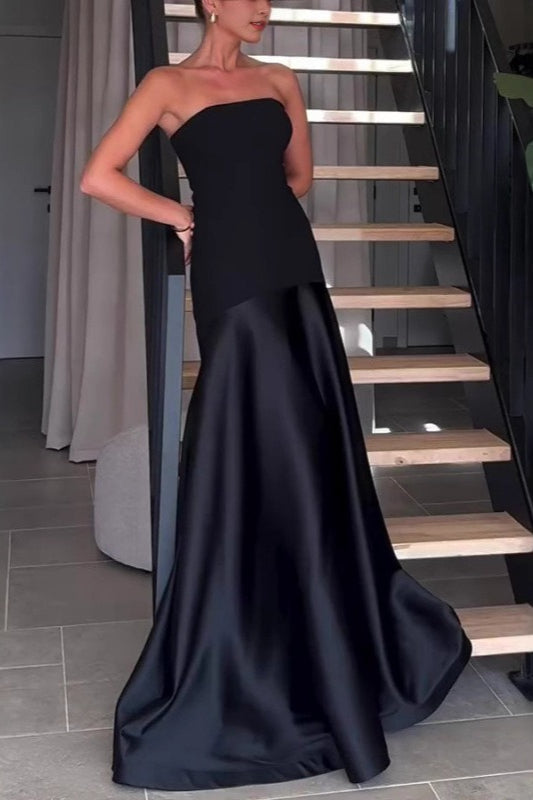 Sexy Strapless Satin Sleeveless Paneled Solid Formal Dress