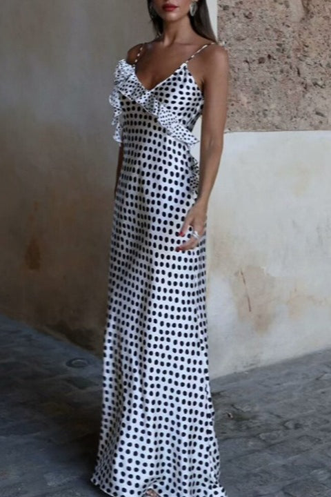 Polka-Dot Tiered Trim Satin Silk Dress