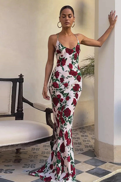 Floral Deep V Backless Maxi Dress