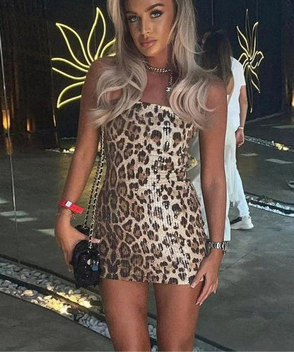 Leopard Sequin Skinny Club Mini Dress