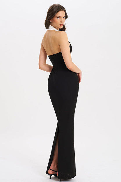 Collared Backless Slit Maxi Dress