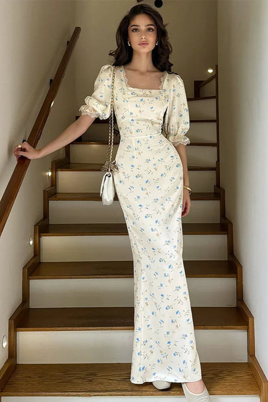 Satin Puff Sleeve Floral Dress