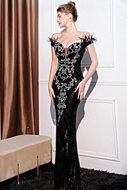 Elegant Off-Shoulder Slim Maxi Sequin Dress