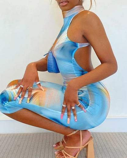 Slit Tie Dye Bodycon Floral Dress