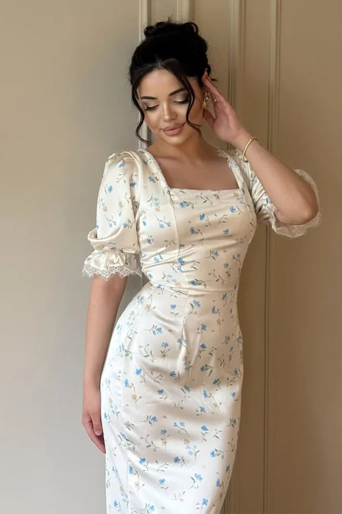 Satin Puff Sleeve Floral Dress