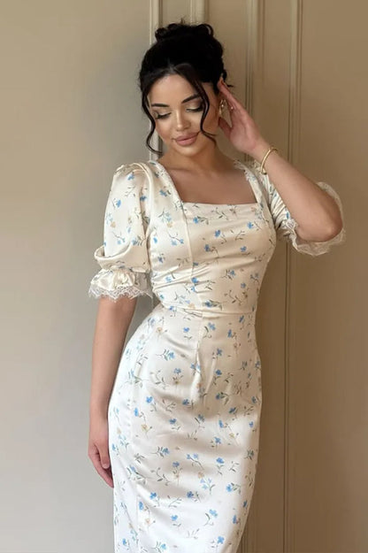 Satin Puff Sleeve Floral Dress