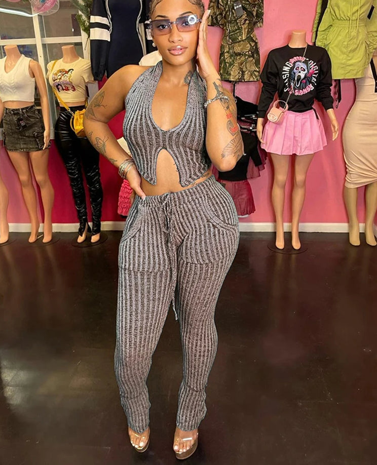 Patchwork Striped Crochet Two Piece Pants Set