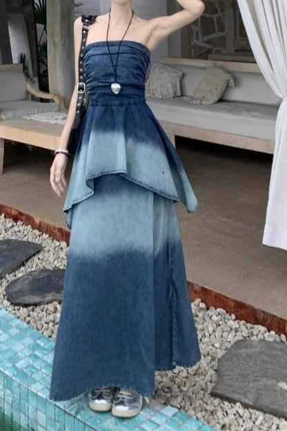 Ombre Strapless Denim Dress