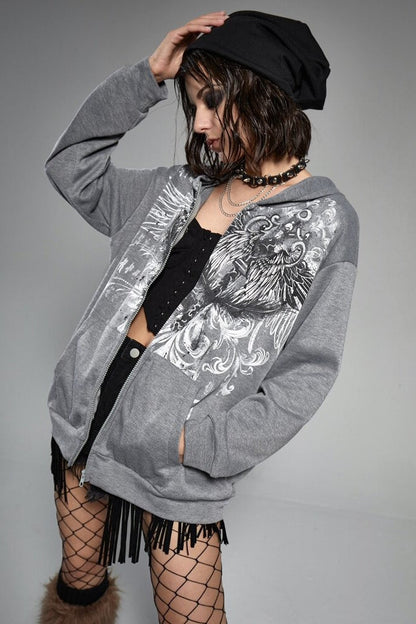 Eagle Print Zip Up Hoodie