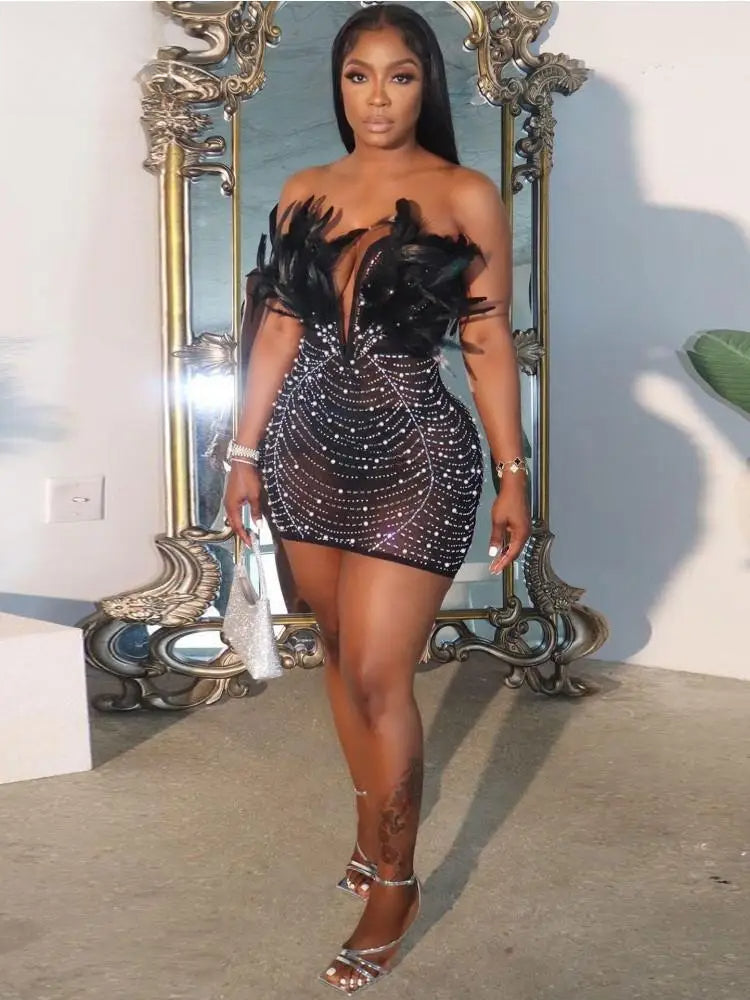 Feather Strapless V Neck Mesh Party Dress