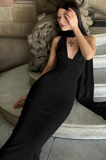 Draped Halter Slit Maxi Birthday Dress