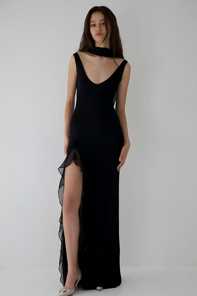 High Slit Ruffle Slip Dress