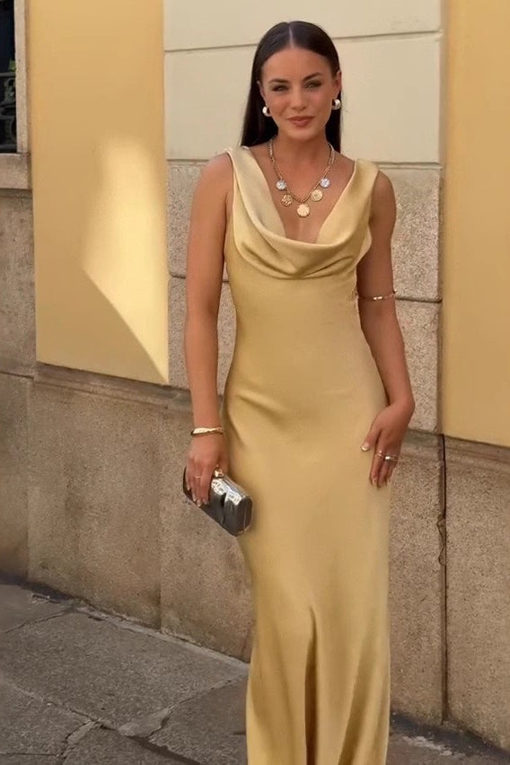 Draped Neck Backless Waist Cinch Elegant Sexy Formal Dress