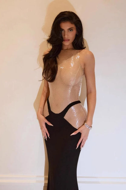 Elegant Nude Sequin Sleeveless Black Mermaid Formal Dress