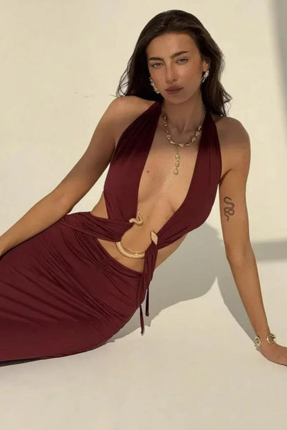 Halloween Sexy Snake Print Backless Maxi Dress