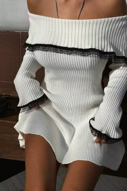 Lace-Trimmed Knit Off-Shoulder Mini Sweater Dress