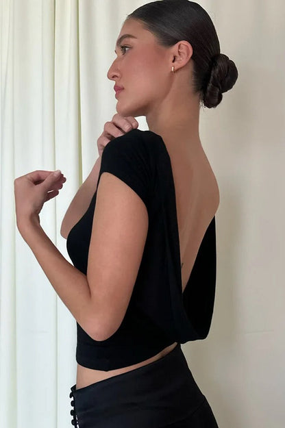 O-Neck Backless Ruched Crop Top