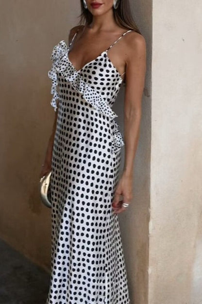 Polka-Dot Tiered Trim Satin Silk Dress