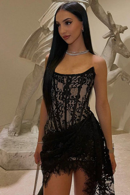 Sexy Strapless Sheer Mesh Lace Dress