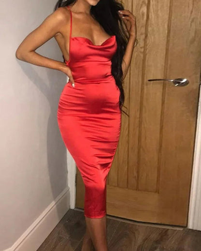 Neon Satin Lace Up Backless Midi Dress