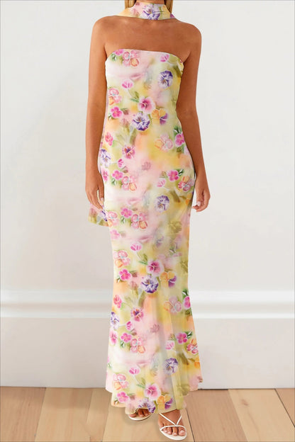 Strapless Ruffle Maxi Floral Dress