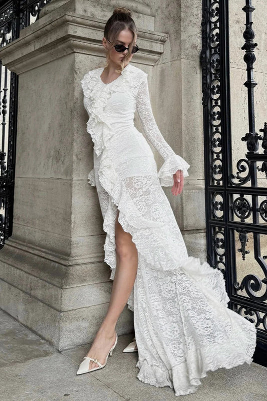 Sheer Panel Fluted Sleeve Party Dress